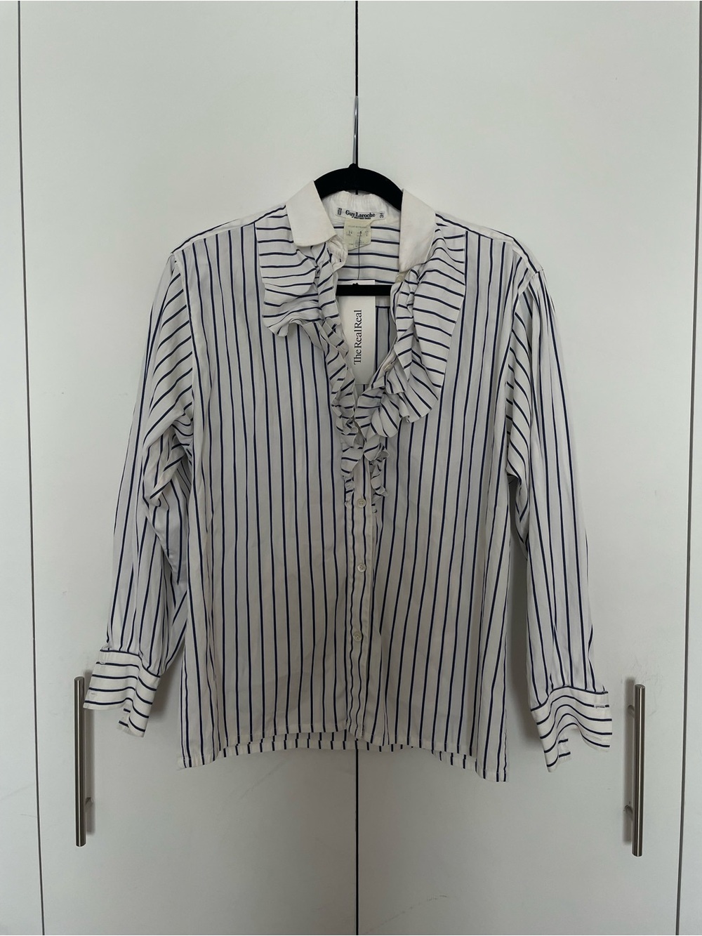 Vintage Guy Laroche Cotton White Blouse with Navy Stripes